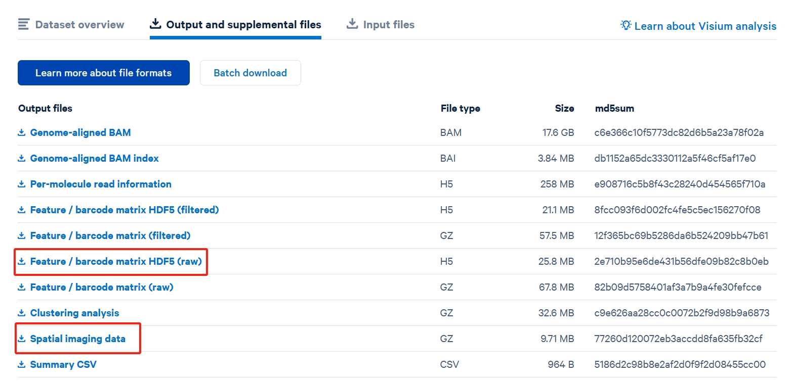 Feature / barcode matrix and spatial coordinate data